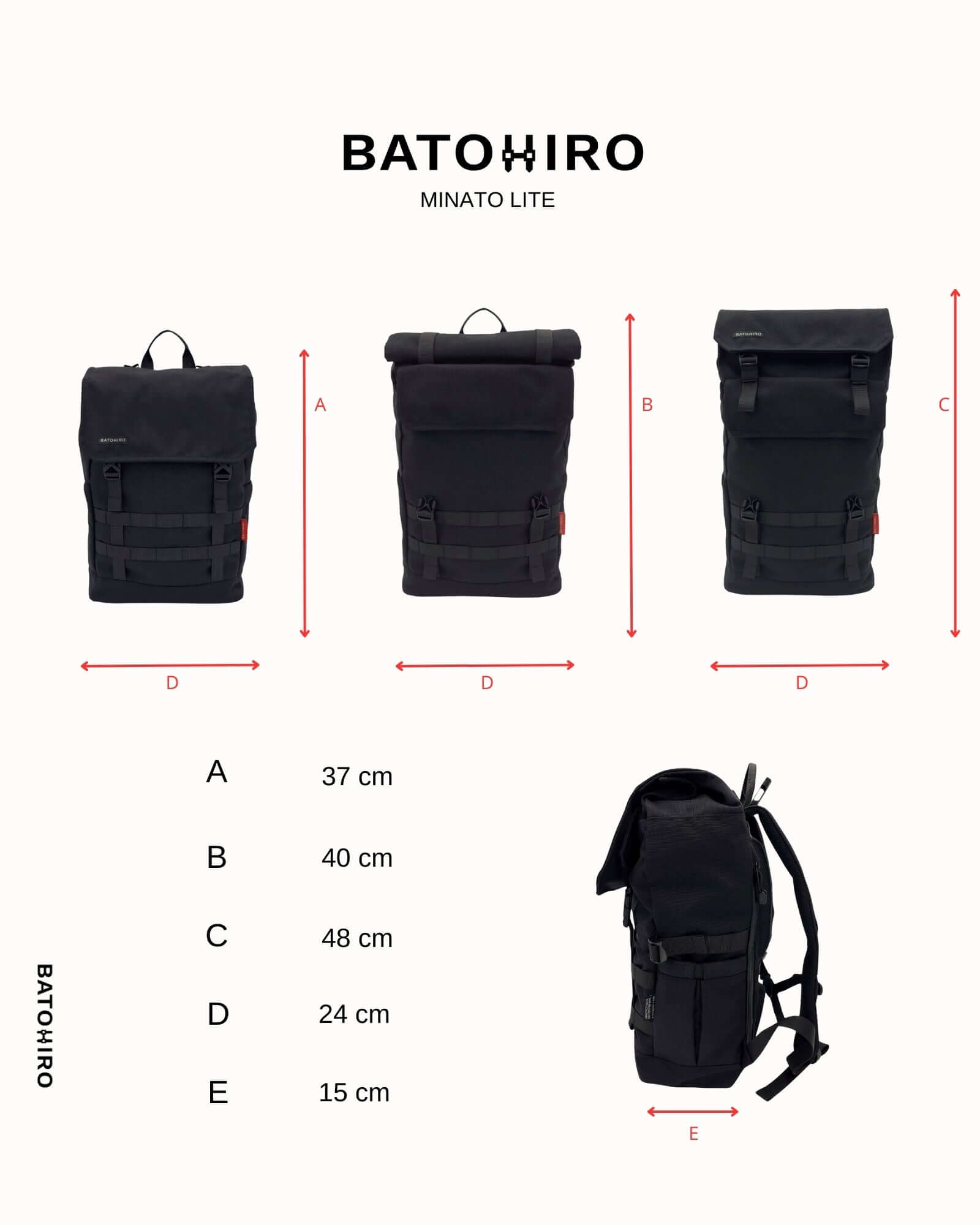 Minato Lite 2.0 batoh navy blue výšková schémata s rozměry 37 cm, 40 cm, 48 cm, 24 cm a 15 cm.