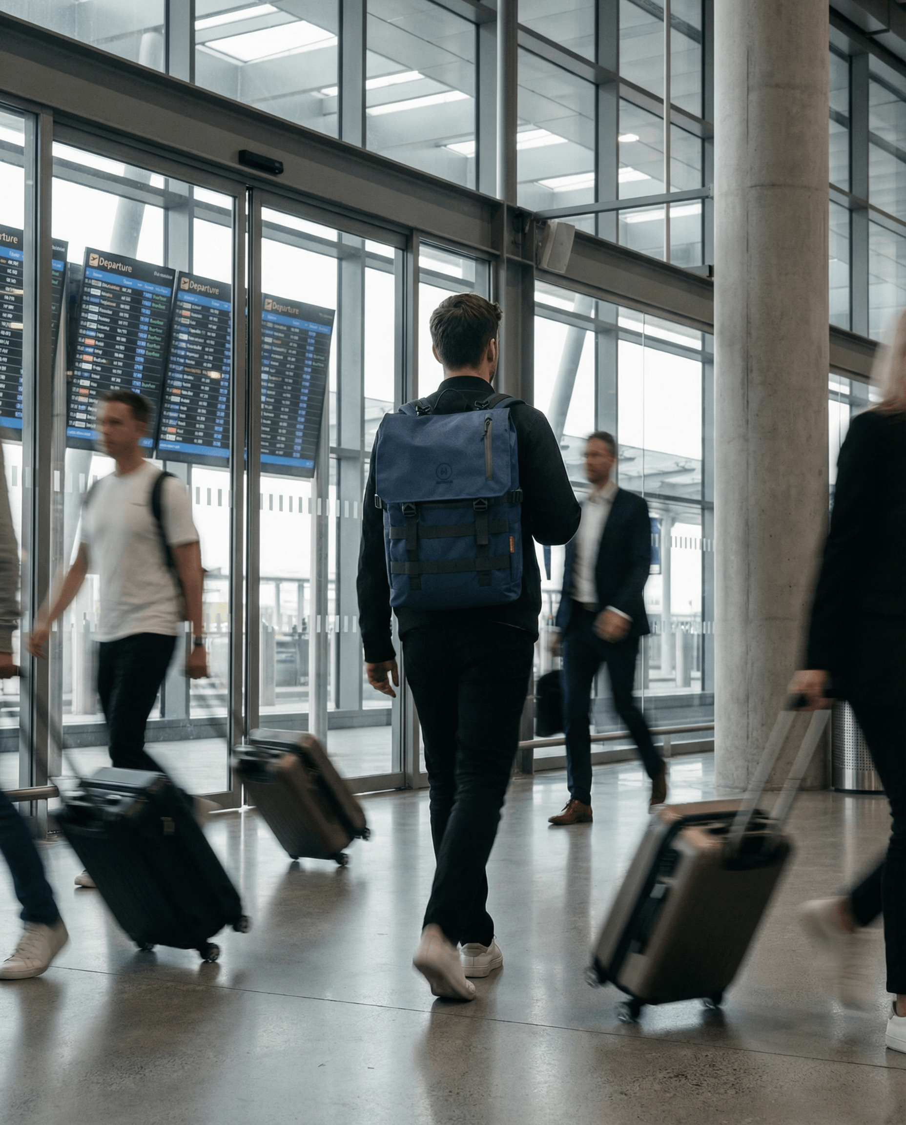 Minato Premium 6.0 – Navy Blue backpack in airport setting with travelers and luggage.