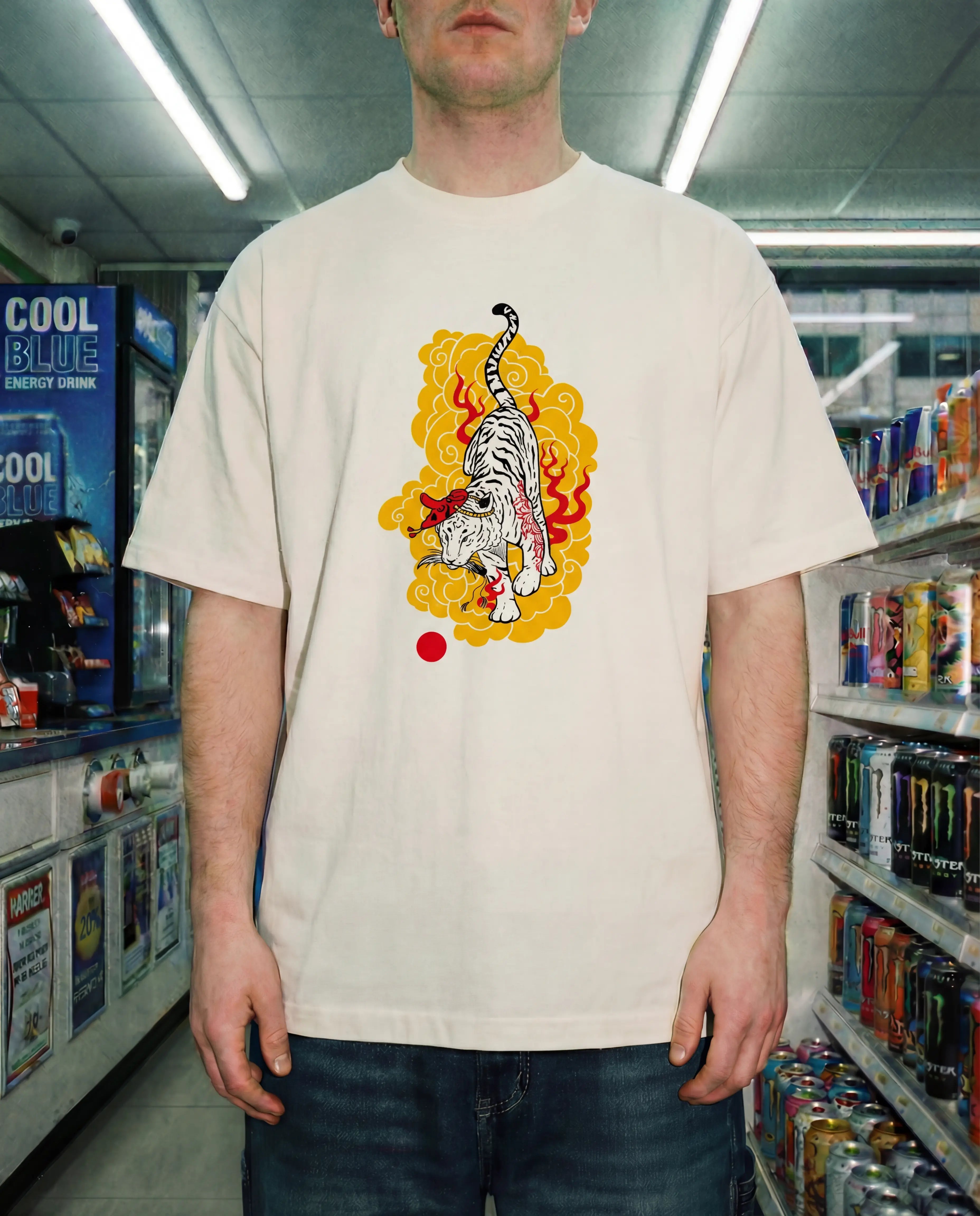 White Tiger - Oversized Tee featuring a bold tiger design in a convenience store setting.