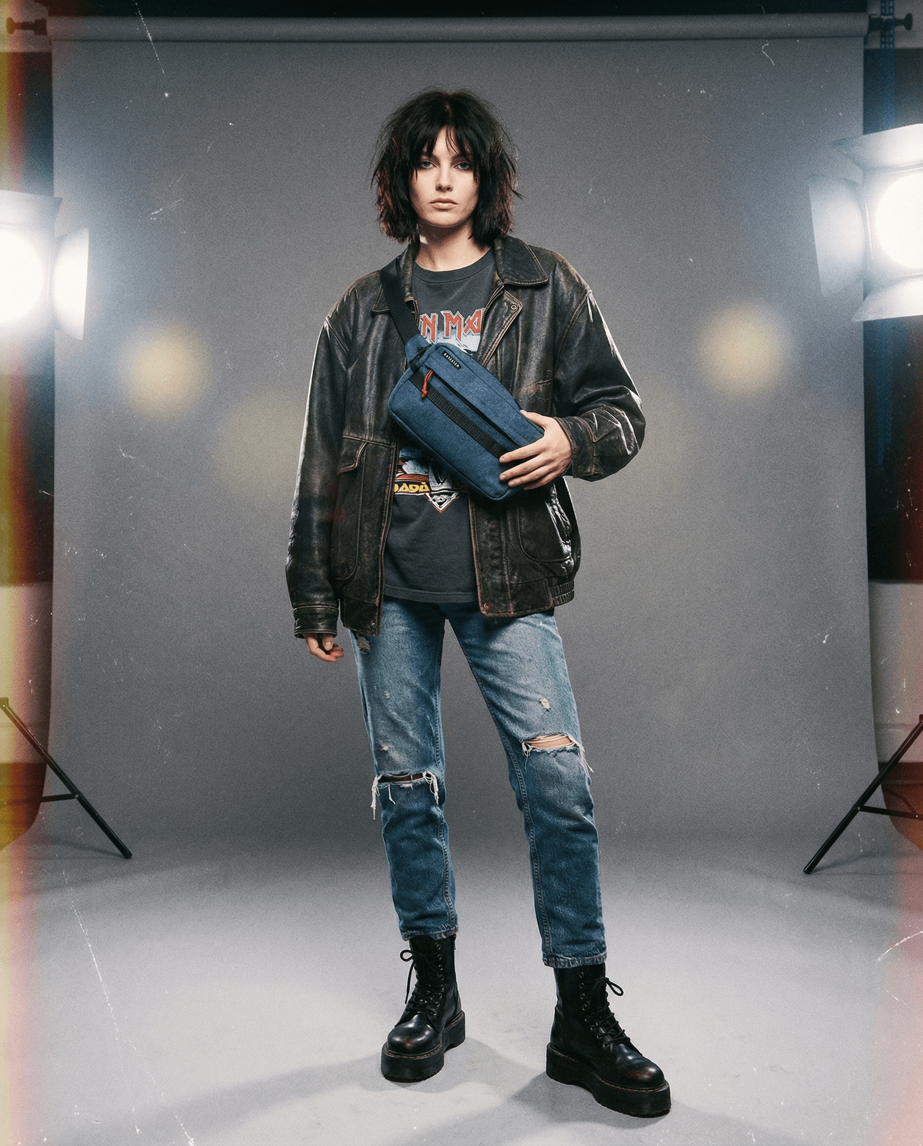 Model wearing Kai - Blue Denim travel pouch with a stylish outfit in a studio setting.
