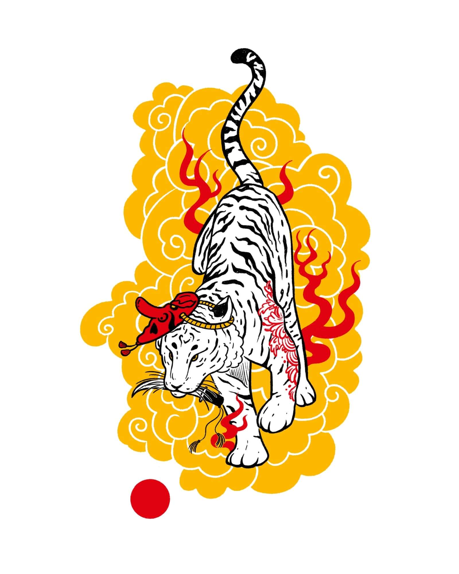 White Tiger - Oversized Tee design featuring a white tiger on a vibrant background inspired by Japanese mythology.